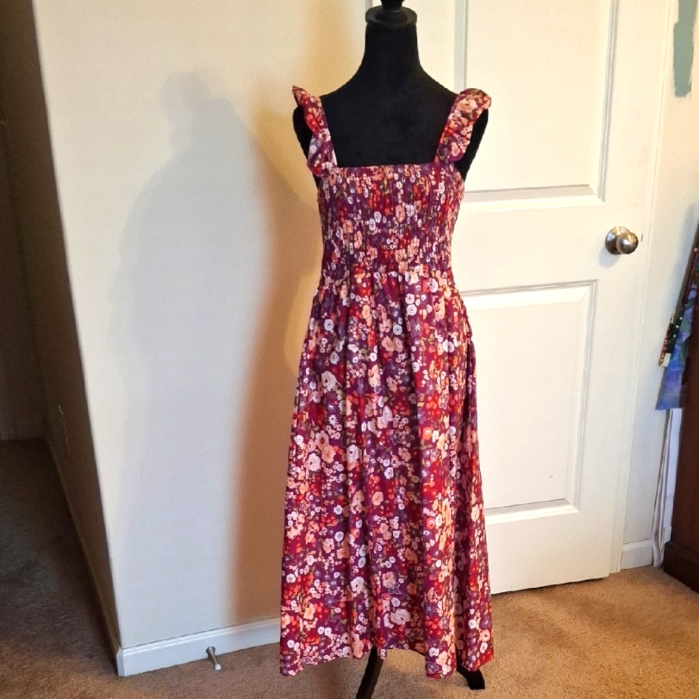 Time and Tru Floral Midi Dress in Red and White